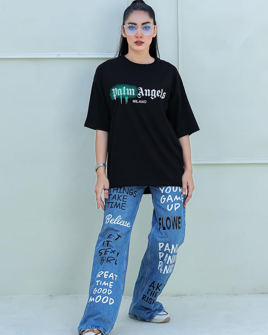 Palm Ang Graphic Drop-Shoulder T-Shirt Black -F